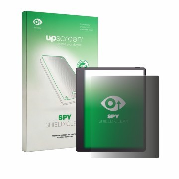 Parte frontal de un envase de producto con el logotipo de la marca upscreen. Al lado se muestra el dispositivo Boox Note Mini 