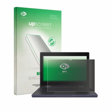 Parte frontal de un envase de producto con el logotipo de la marca upscreen. Al lado se muestra el dispositivo ASUS Chromebook
