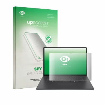 Vorderseite einer Produktverpackung mit dem Markenlogo upscreen. Daneben ist das Gerät Dell XPS 16 Creator Edition mit dem zug