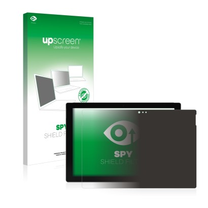 Face avant d’un emballage produit avec le logo de la marque upscreen. À côté, l’appareil Microsoft Surface Pro 3 est représent