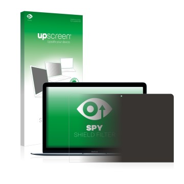 Parte frontal de un envase de producto con el logotipo de la marca upscreen. Al lado se muestra el dispositivo Apple MacBook 1
