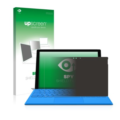 Face avant d’un emballage produit avec le logo de la marque upscreen. À côté, l’appareil Microsoft Surface Pro 4 est représent