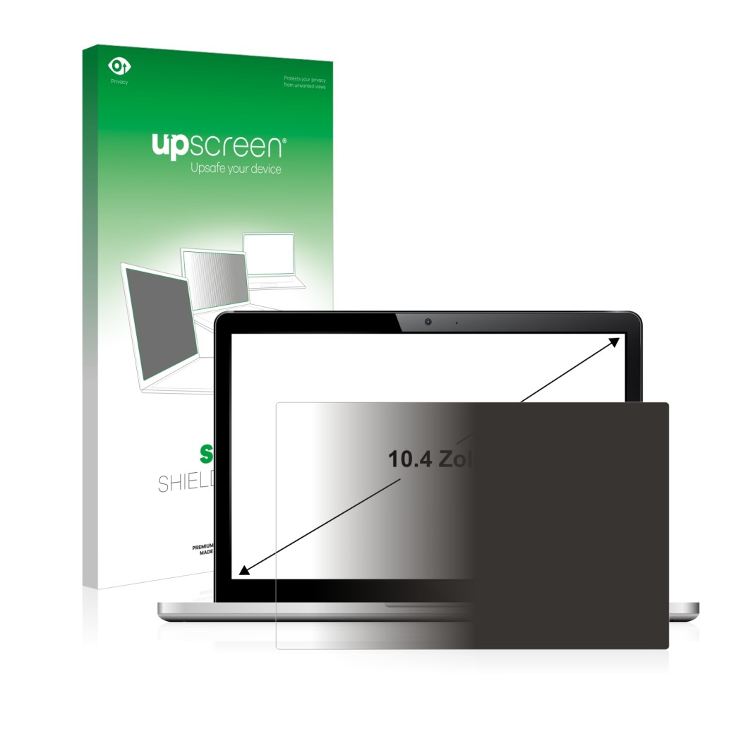 Face avant d’un emballage produit avec le logo de la marque upscreen. À côté, l’appareil est représenté avec la protection d’é