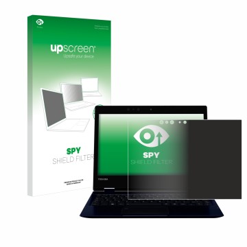 Parte frontal de un envase de producto con el logotipo de la marca upscreen. Al lado se muestra el dispositivo Toshiba Portege