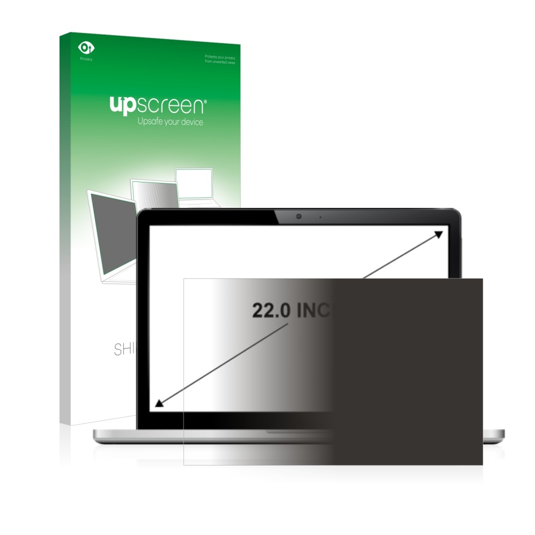 Parte frontal de un envase de producto con el logotipo de la marca upscreen. Al lado se muestra el dispositivo con su protecto