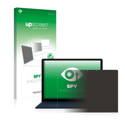 Face avant d’un emballage produit avec le logo de la marque upscreen. À côté, l’appareil Microsoft Surface Laptop 3 13.5