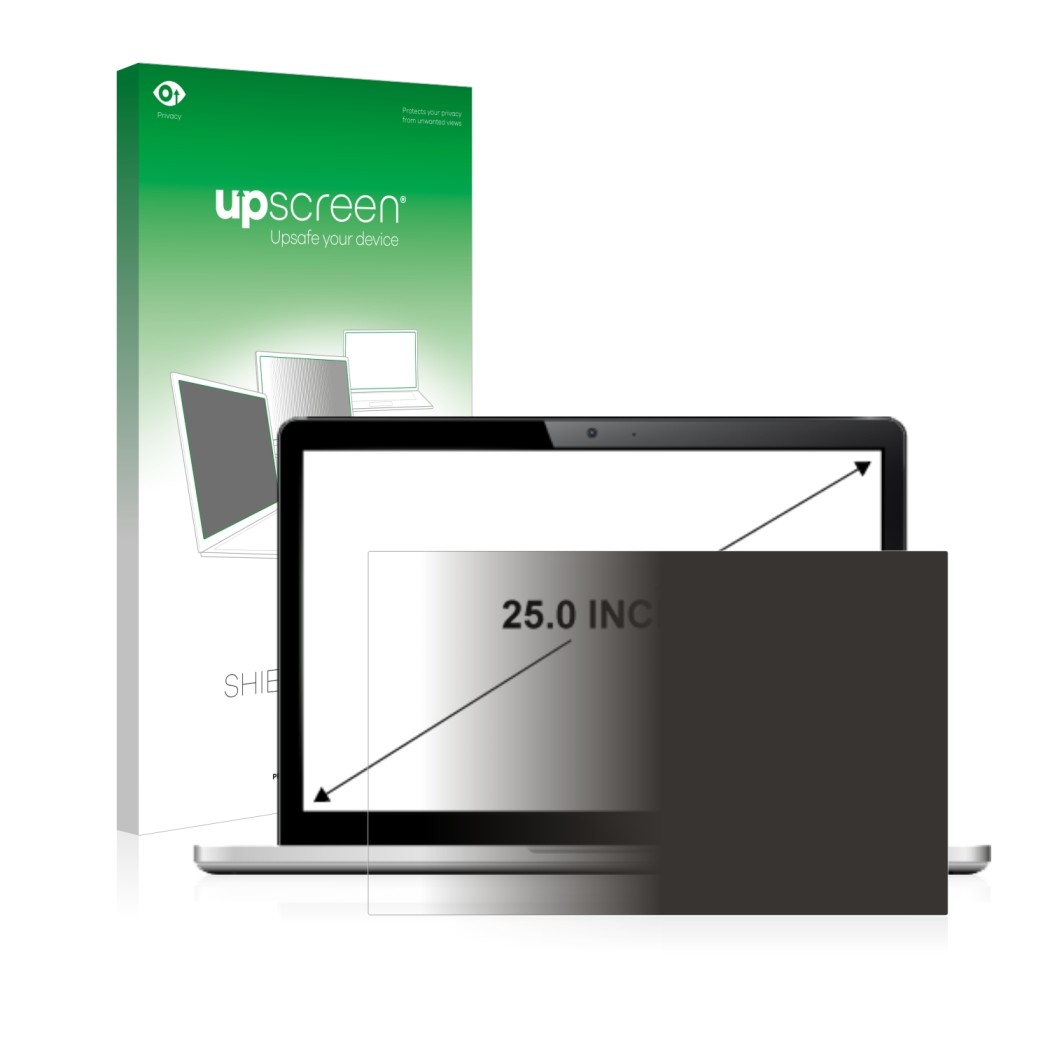Parte frontal de un envase de producto con el logotipo de la marca upscreen. Al lado se muestra el dispositivo con su protecto