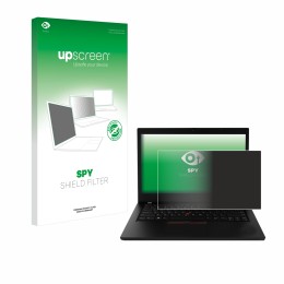 Parte frontal de un envase de producto con el logotipo de la marca upscreen. Al lado se muestra el dispositivo Lenovo ThinkPad
