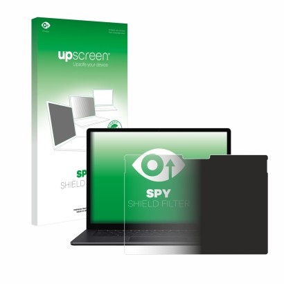 Face avant d’un emballage produit avec le logo de la marque upscreen. À côté, l’appareil Microsoft Surface Book 3 15