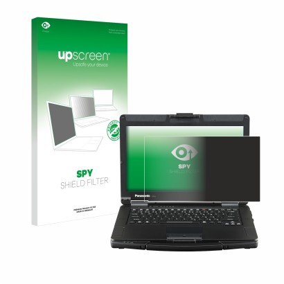 Vorderseite einer Produktverpackung mit dem Markenlogo upscreen. Daneben ist das Gerät Panasonic Toughbook FZ-55 Full HD mit d