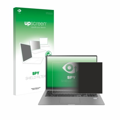 Parte frontal de un envase de producto con el logotipo de la marca upscreen. Al lado se muestra el dispositivo LG gram 17'' 20