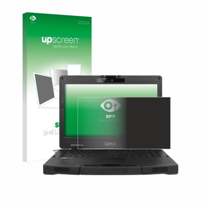 Face avant d’un emballage produit avec le logo de la marque upscreen. À côté, l’appareil Getac S410 est représenté avec la pro