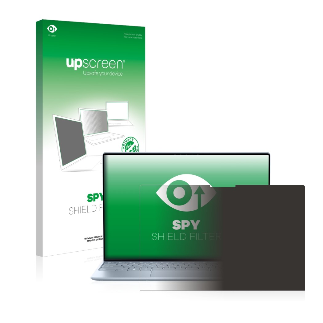Parte frontale di una confezione del prodotto con il logo del marchio upscreen. Accanto è raffigurato il dispositivo Dell XPS 
