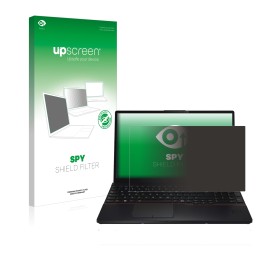 Parte frontal de un envase de producto con el logotipo de la marca upscreen. Al lado se muestra el dispositivo Fujitsu Lifeboo