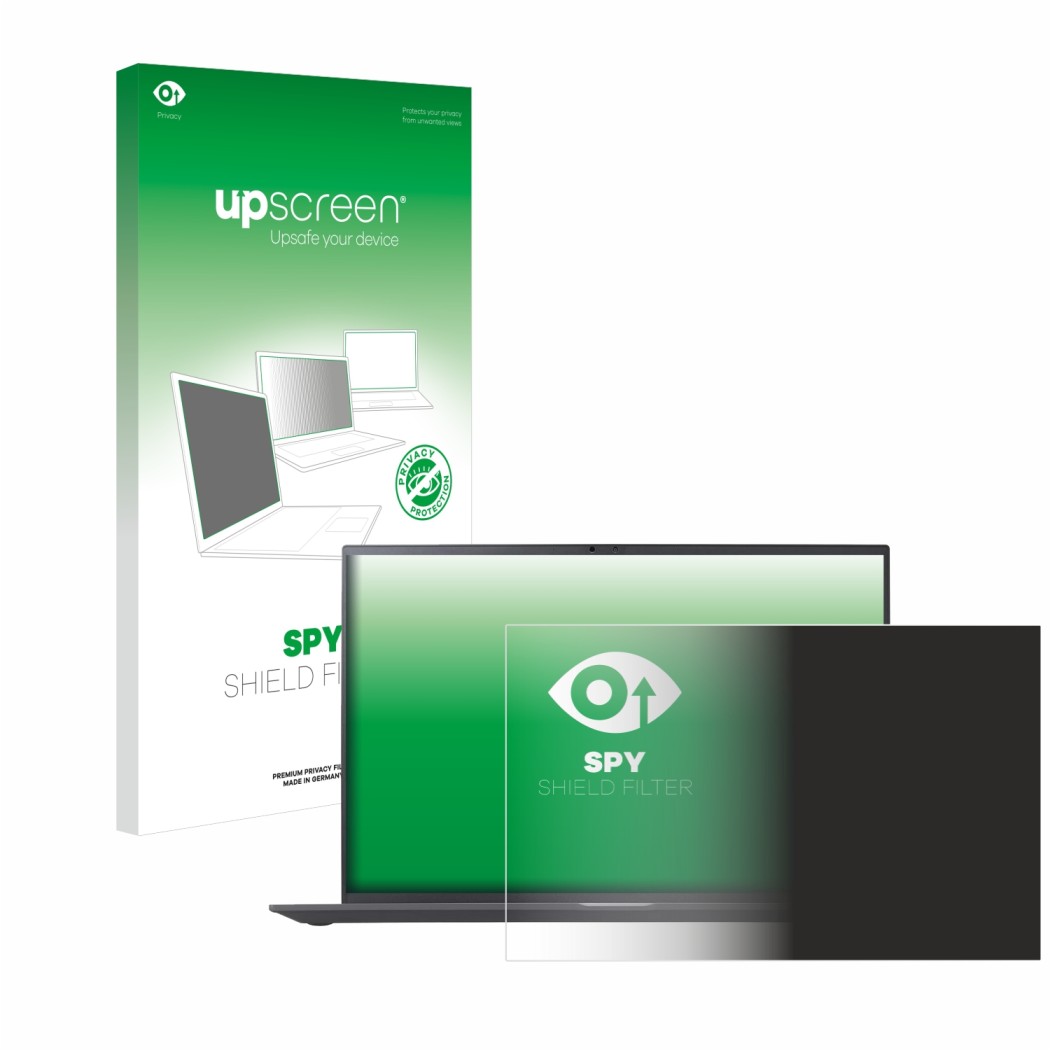 Parte frontal de un envase de producto con el logotipo de la marca upscreen. Al lado se muestra el dispositivo LG gram 16'' 20