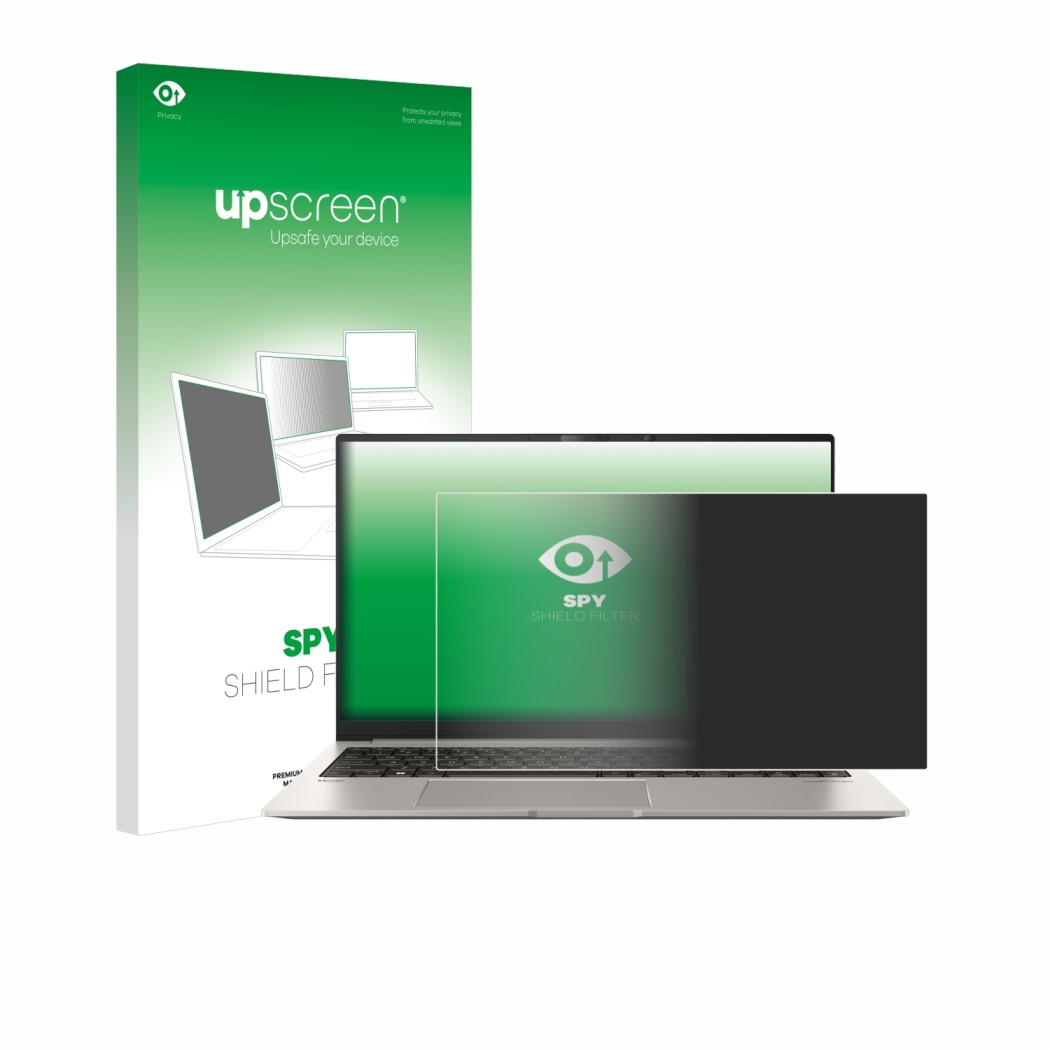 Vorderseite einer Produktverpackung mit dem Markenlogo upscreen. Daneben ist das Gerät ASUS ZenBook 15 OLED UM3504 mit dem zug