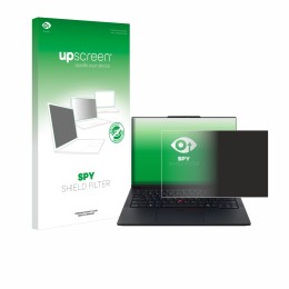 Parte frontal de un envase de producto con el logotipo de la marca upscreen. Al lado se muestra el dispositivo Lenovo ThinkPad