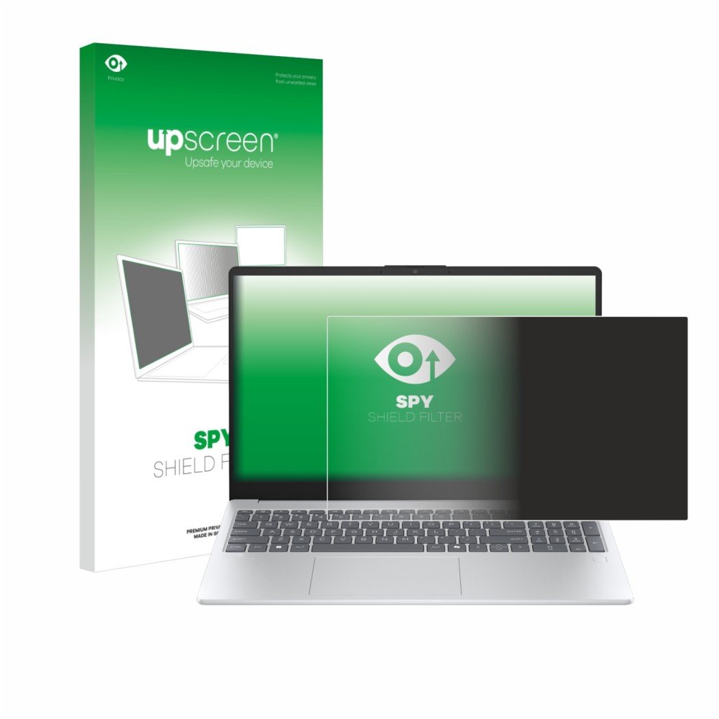 Face avant d’un emballage produit avec le logo de la marque upscreen. À côté, l’appareil HP OmniBook 3 14