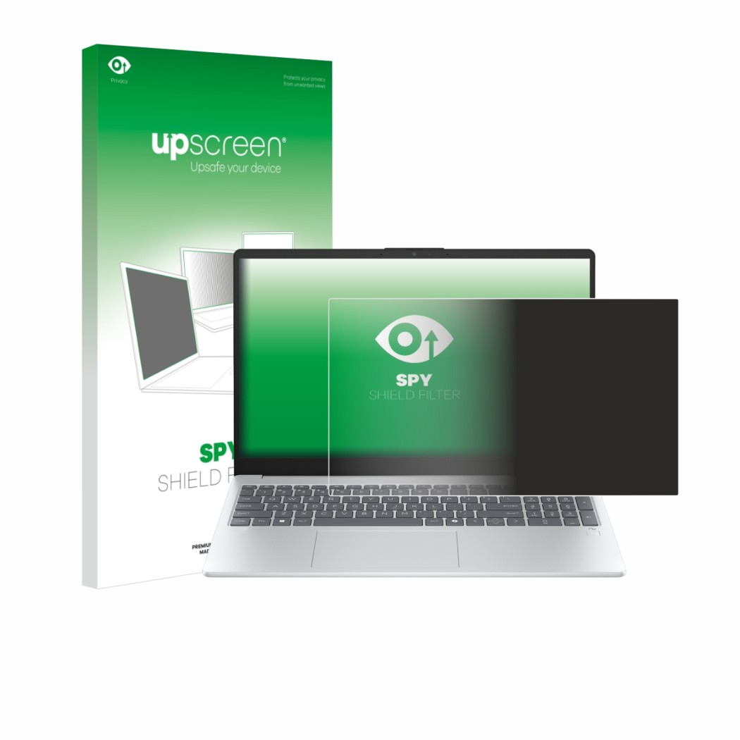 Face avant d’un emballage produit avec le logo de la marque upscreen. À côté, l’appareil HP OmniBook 3 15