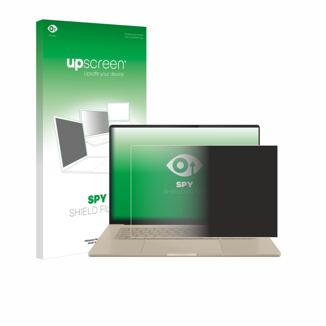 Face avant d’un emballage produit avec le logo de la marque upscreen. À côté, l’appareil ASUS ZenBook A16 UX3607 est représent