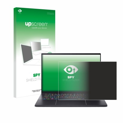 Parte frontal de un envase de producto con el logotipo de la marca upscreen. Al lado se muestra el dispositivo Acer Predator T