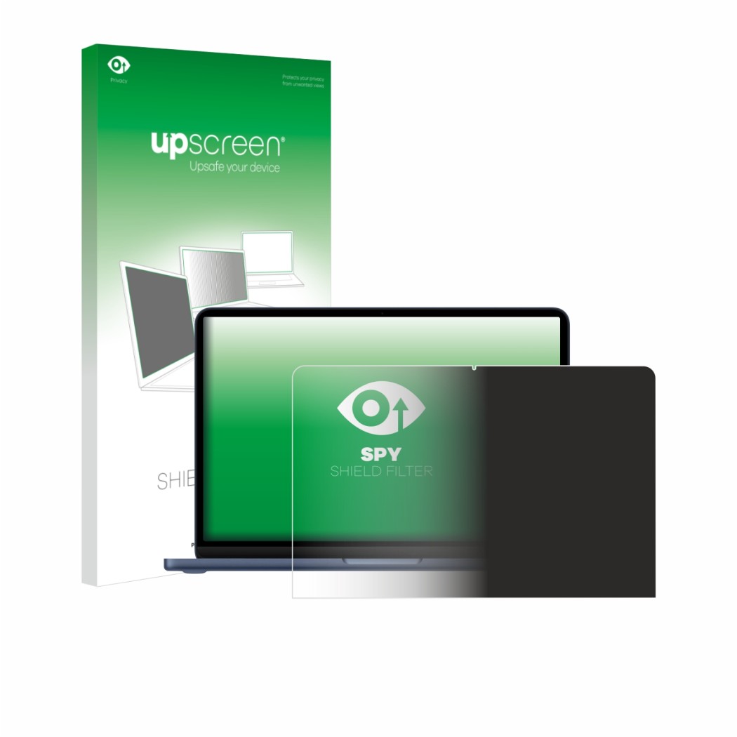 Parte frontal de un envase de producto con el logotipo de la marca upscreen. Al lado se muestra el dispositivo Apple MacBook N