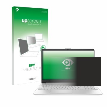 Vorderseite einer Produktverpackung mit dem Markenlogo upscreen. Daneben ist das Gerät HP 15s-fq2000 mit dem zugehörigen Displ