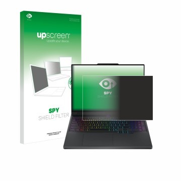 Parte frontal de un envase de producto con el logotipo de la marca upscreen. Al lado se muestra el dispositivo Lenovo Legion 5