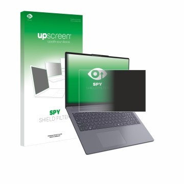 Parte frontal de un envase de producto con el logotipo de la marca upscreen. Al lado se muestra el dispositivo Lenovo IdeaPad 