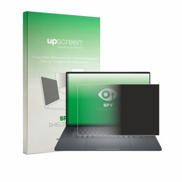 Parte frontal de un envase de producto con el logotipo de la marca upscreen. Al lado se muestra el dispositivo Dell Pro Precis