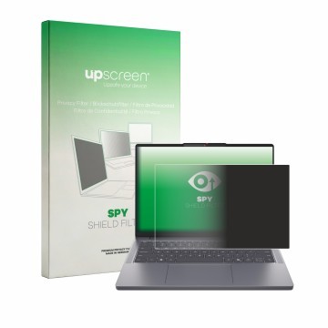 Parte frontal de un envase de producto con el logotipo de la marca upscreen. Al lado se muestra el dispositivo Lenovo IdeaPad 