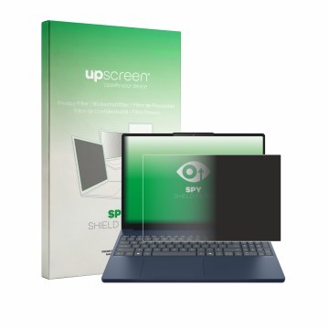 Parte frontal de un envase de producto con el logotipo de la marca upscreen. Al lado se muestra el dispositivo Lenovo IdeaPad 