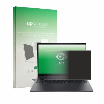 Parte frontal de un envase de producto con el logotipo de la marca upscreen. Al lado se muestra el dispositivo Dell Pro 5 Seri
