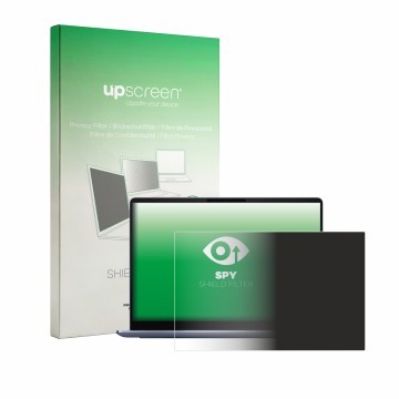 Parte frontal de un envase de producto con el logotipo de la marca upscreen. Al lado se muestra el dispositivo Dell 14S DS1426