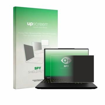 Vorderseite einer Produktverpackung mit dem Markenlogo upscreen. Daneben ist das Gerät XMG Neo 16 mit dem zugehörigen Displays