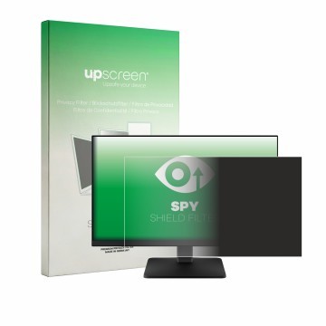 Parte frontal de un envase de producto con el logotipo de la marca upscreen. Al lado se muestra el dispositivo Lenovo L27qe co