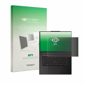 Parte frontal de un envase de producto con el logotipo de la marca upscreen. Al lado se muestra el dispositivo Lenovo ThinkPad