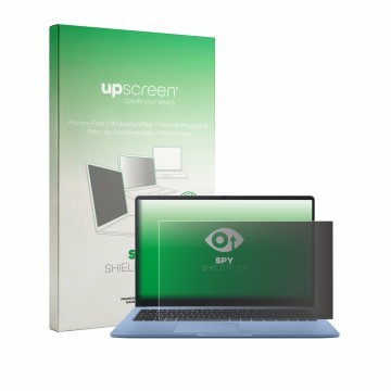 Parte frontal de un envase de producto con el logotipo de la marca upscreen. Al lado se muestra el dispositivo ASUS Chromebook