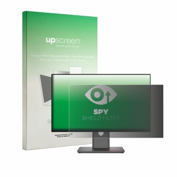 Vorderseite einer Produktverpackung mit dem Markenlogo upscreen. Daneben ist das Gerät Lenovo ThinkVision P24QD-40 mit dem zug