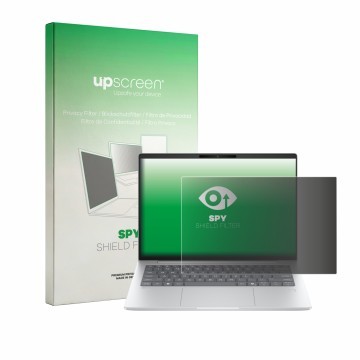 Face avant d’un emballage produit avec le logo de la marque upscreen. À côté, l’appareil HP EliteBook 6 G2q 14