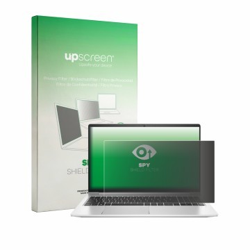 Parte frontal de un envase de producto con el logotipo de la marca upscreen. Al lado se muestra el dispositivo HP ProBook 455 