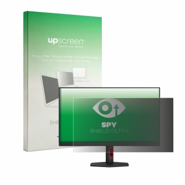 Parte frontal de un envase de producto con el logotipo de la marca upscreen. Al lado se muestra el dispositivo AOC Q27G4ZR con