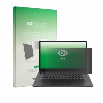 Parte frontal de un envase de producto con el logotipo de la marca upscreen. Al lado se muestra el dispositivo Lenovo Prima 14