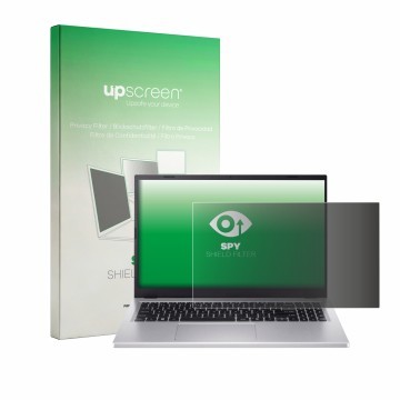 Parte frontal de un envase de producto con el logotipo de la marca upscreen. Al lado se muestra el dispositivo Acer Extensa 15