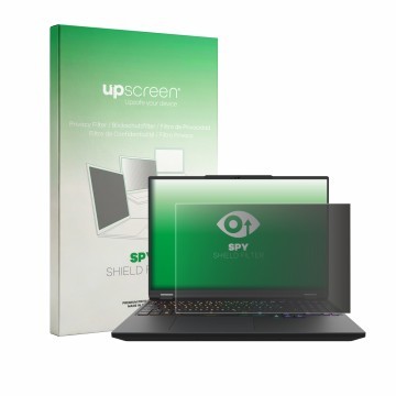 Face avant d’un emballage produit avec le logo de la marque upscreen. À côté, l’appareil XMG Apex 16 est représenté avec la pr