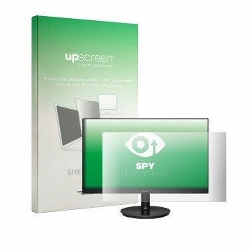 Parte frontal de un envase de producto con el logotipo de la marca upscreen. Al lado se muestra el dispositivo Philips 221v8 c