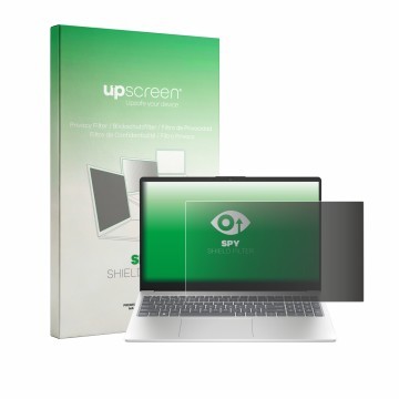Vorderseite einer Produktverpackung mit dem Markenlogo upscreen. Daneben ist das Gerät HP 15-fd1731ngx mit dem zugehörigen Dis