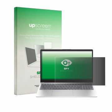 Vorderseite einer Produktverpackung mit dem Markenlogo upscreen. Daneben ist das Gerät HP 15-fd1750ngx mit dem zugehörigen Dis