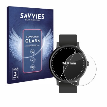 Face avant d’un emballage produit avec le logo de la marque Savvies. À côté, l’appareil Montres (Circulaire, ø: 34 mm) est rep