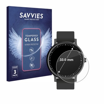 Front side of a product packaging with the brand logo Savvies. Next to it is the device Watches (Circular, ø: 33 mm) shown wit